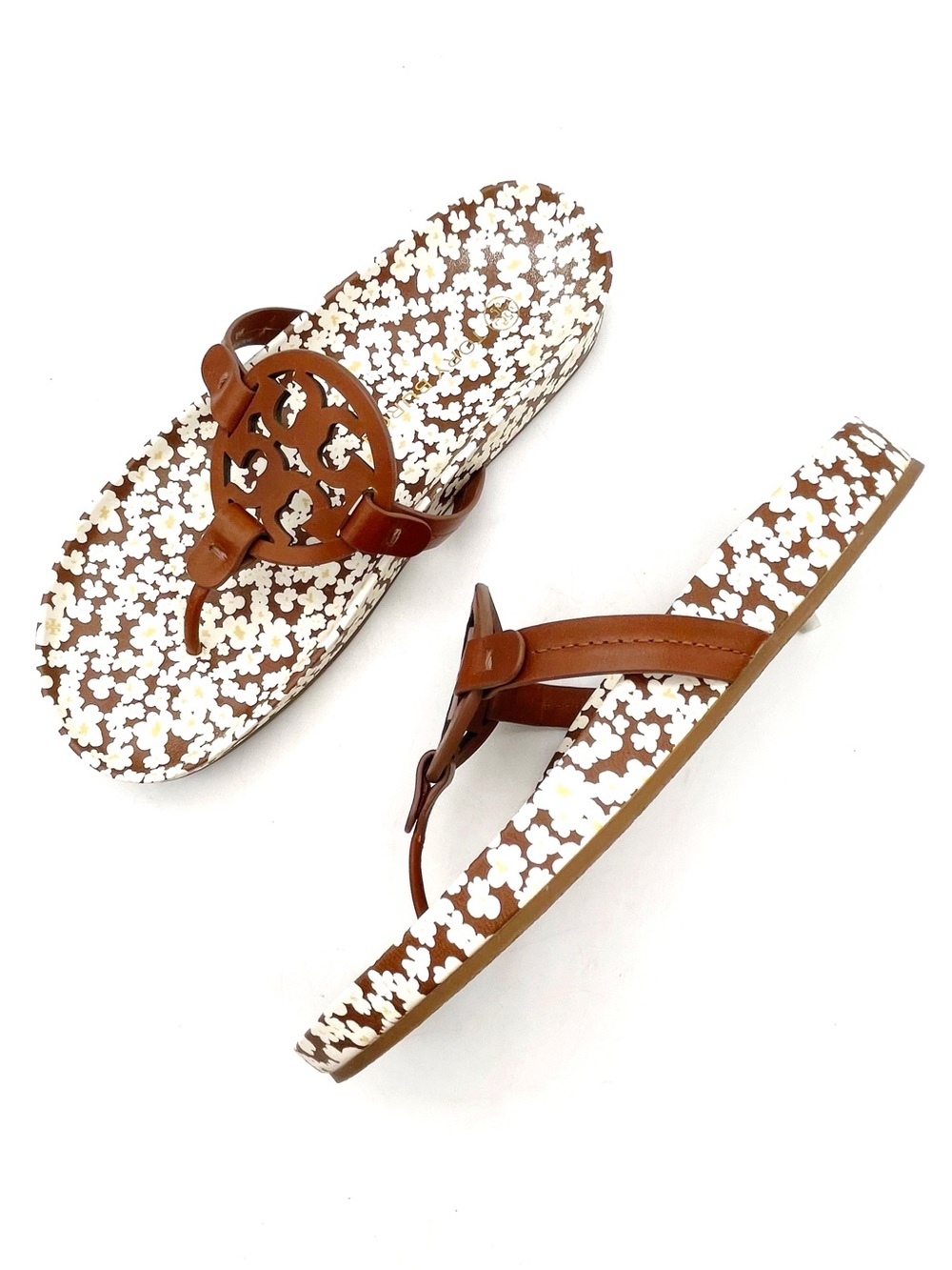 Tory Burch Miller Cloud Sandals Sz 8.5 Brown Floral Logo Leather Flip Flop Slide - Picture 5 of 16